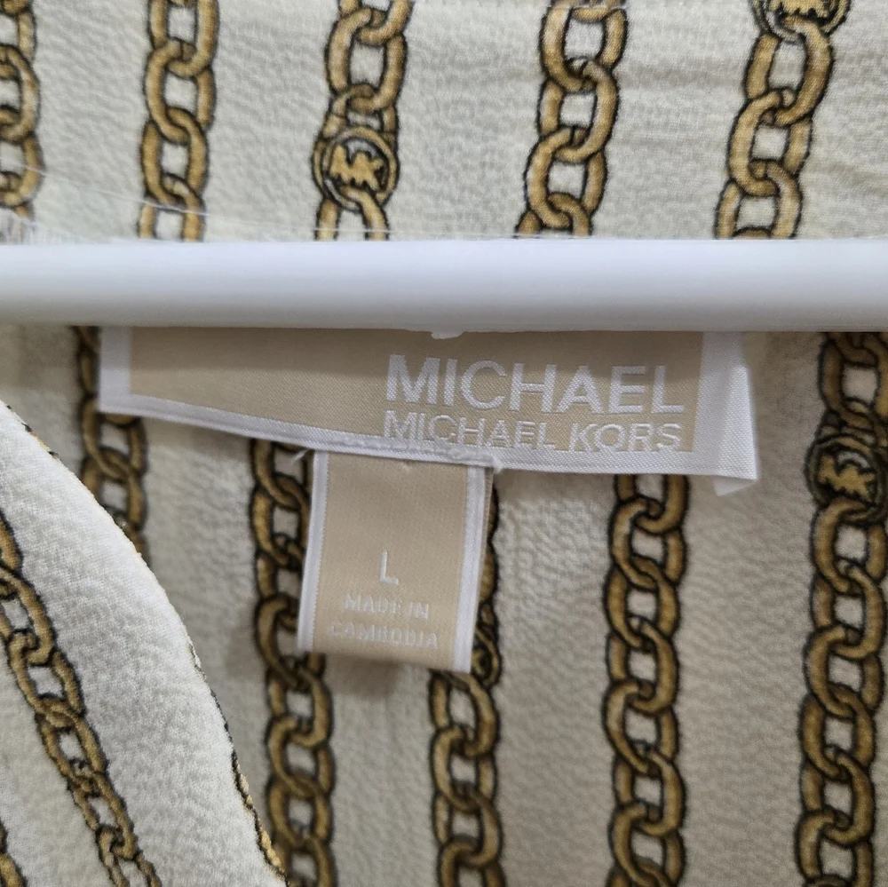MICHAEL Michael Kors Chain Striped Cream & Gold 3/4 Tie Sleeve Blouse Size L - Picture 3 of 11